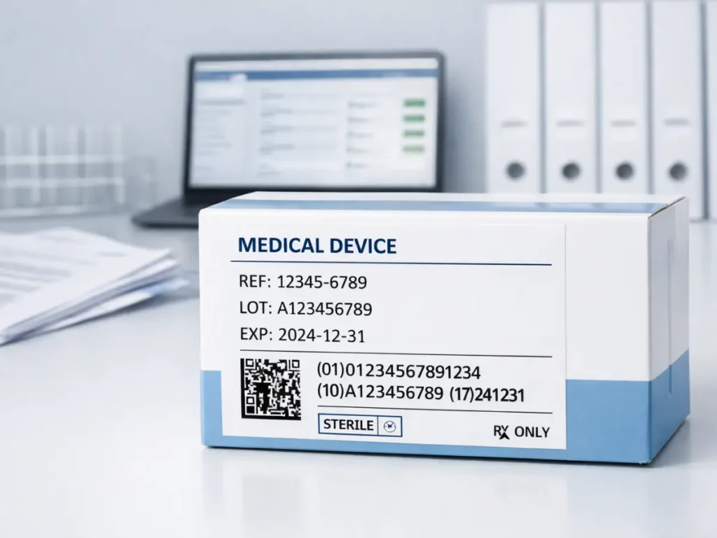 Esempio di etichettatura UDI su dispositivo medico con codice DataMatrix per la tracciabilità medical devices CH secondo normativa svizzera ODmed