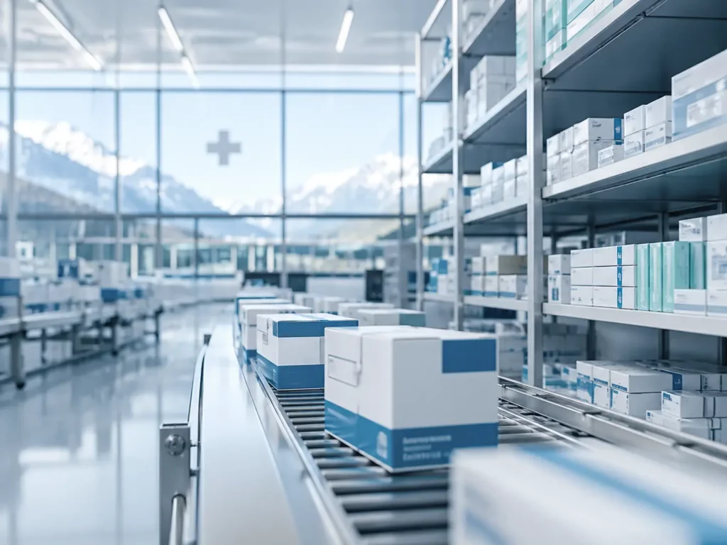 Ambiente moderno di magazzino farmaceutico con confezioni di medicinali su linea di distribuzione, rappresentazione della supply chain e dell’importazione di farmaci in Svizzera
